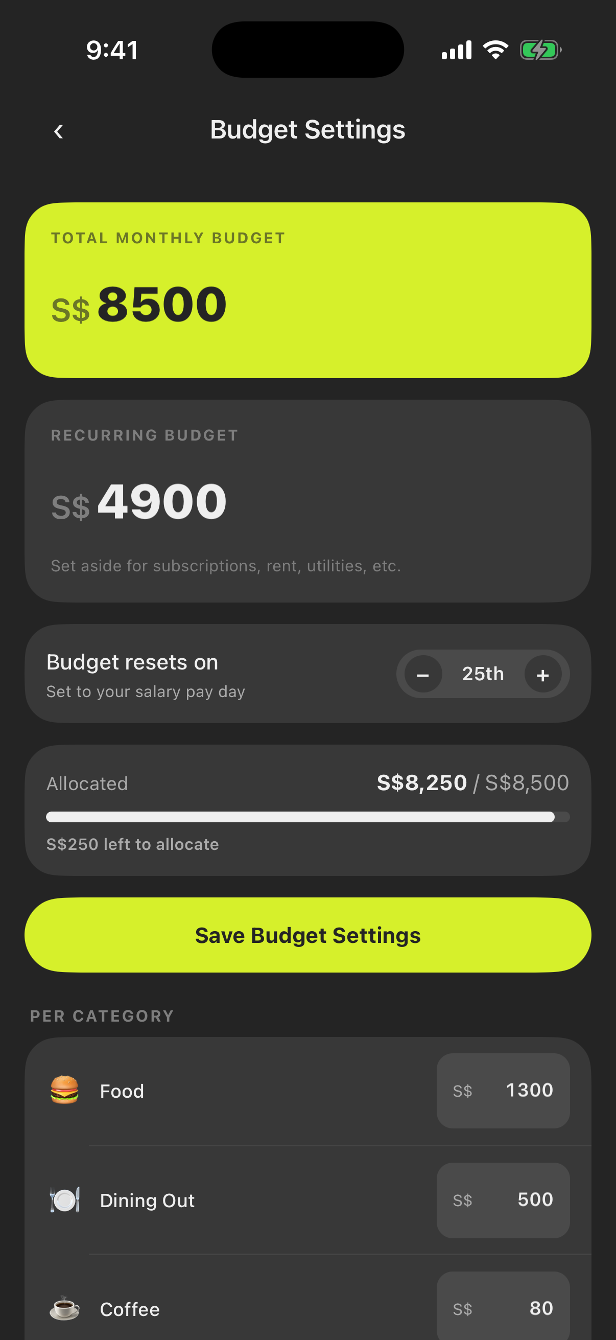 The Budget Settings screen: total budget, recurring envelope, reset day, and per-category allocations.