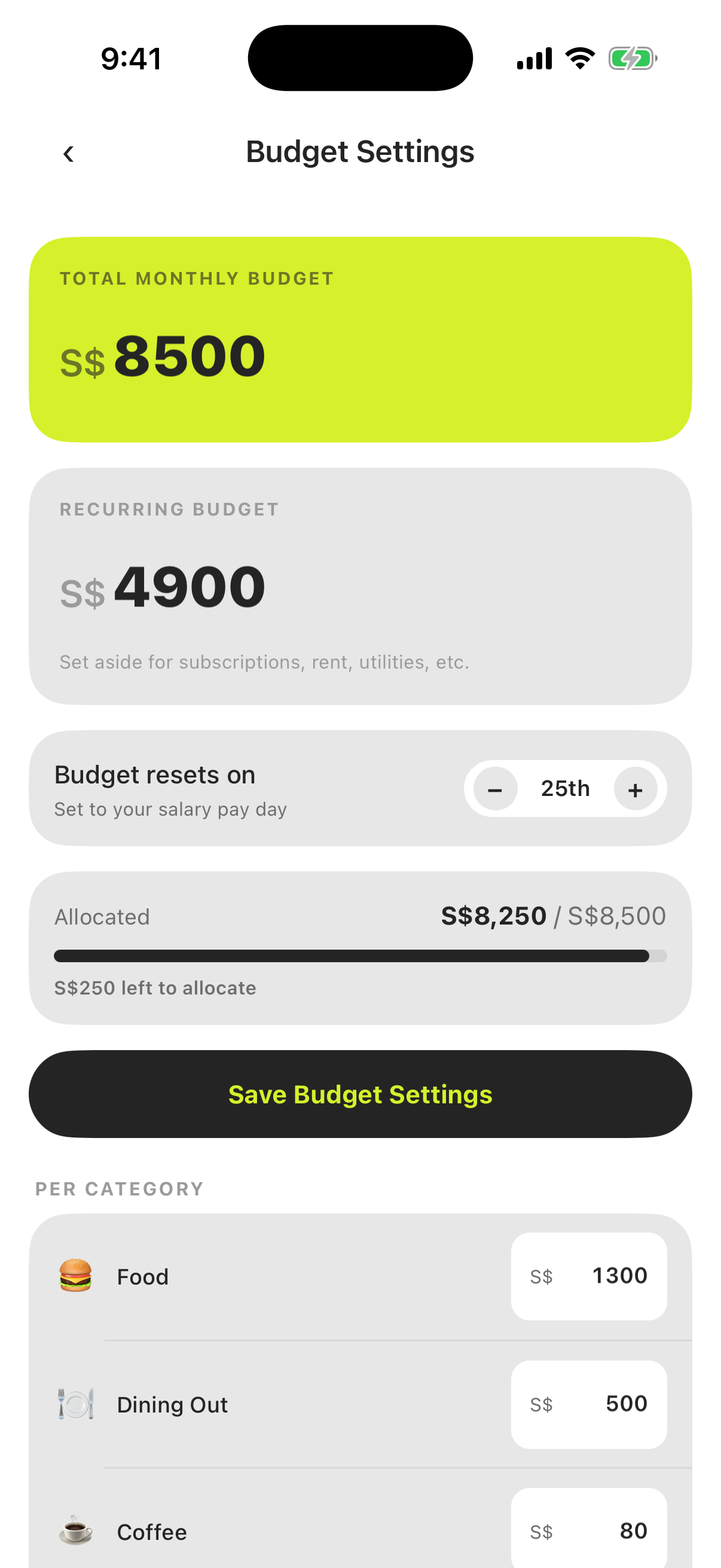 The Budget Settings screen: total budget, recurring envelope, reset day, and per-category allocations.
