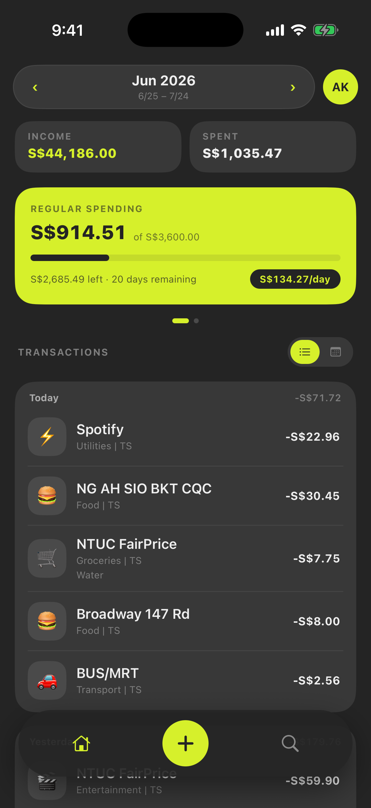 The Monivera dashboard: the Regular spending summary card with its budget bar, above an auto-logged transaction ledger.