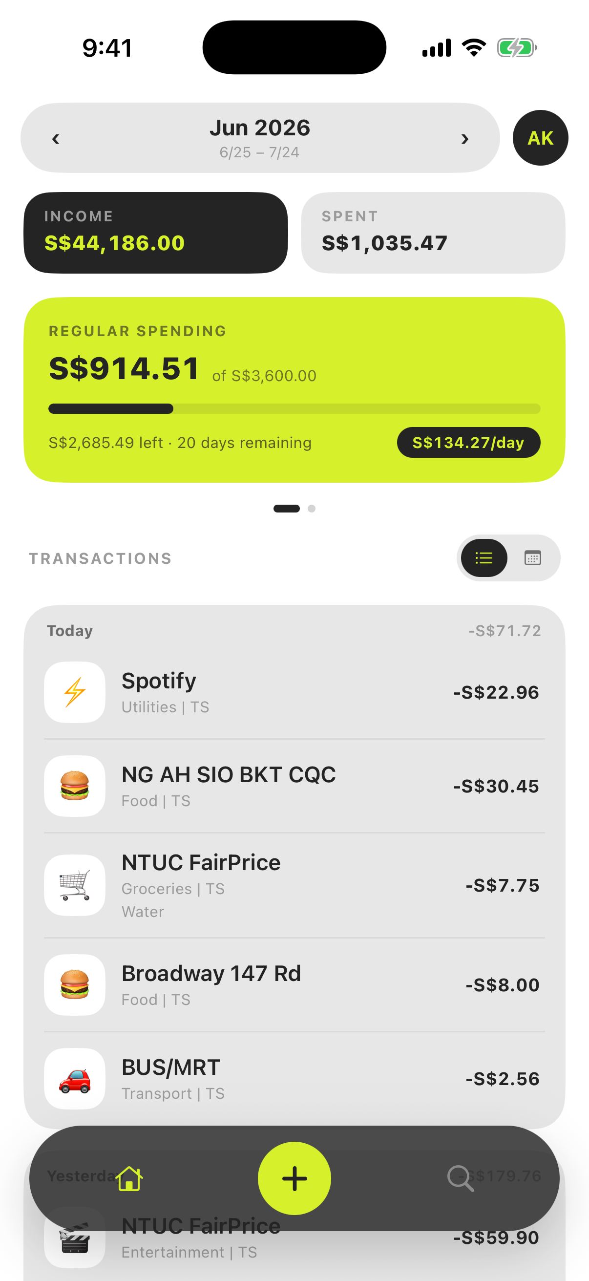 The Monivera dashboard: the Regular spending summary card with its budget bar, above an auto-logged transaction ledger.