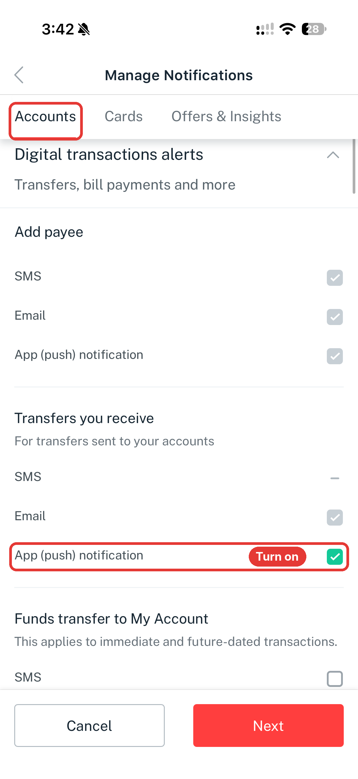 The Accounts tab, with App (push) notification ticked for Transfers you receive.
