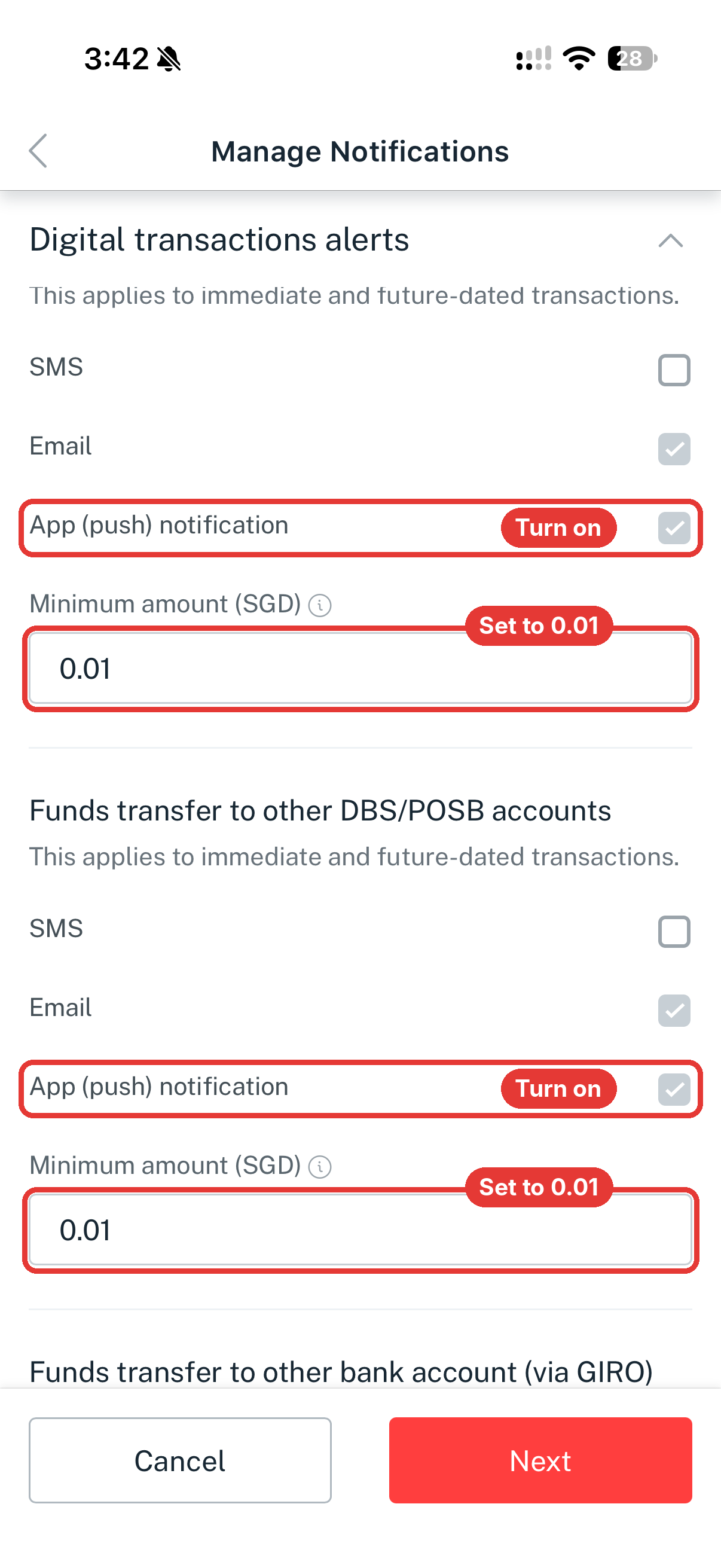 Further down the Accounts tab: App (push) notification ticked and Minimum amount set to 0.01 for each transfer type.