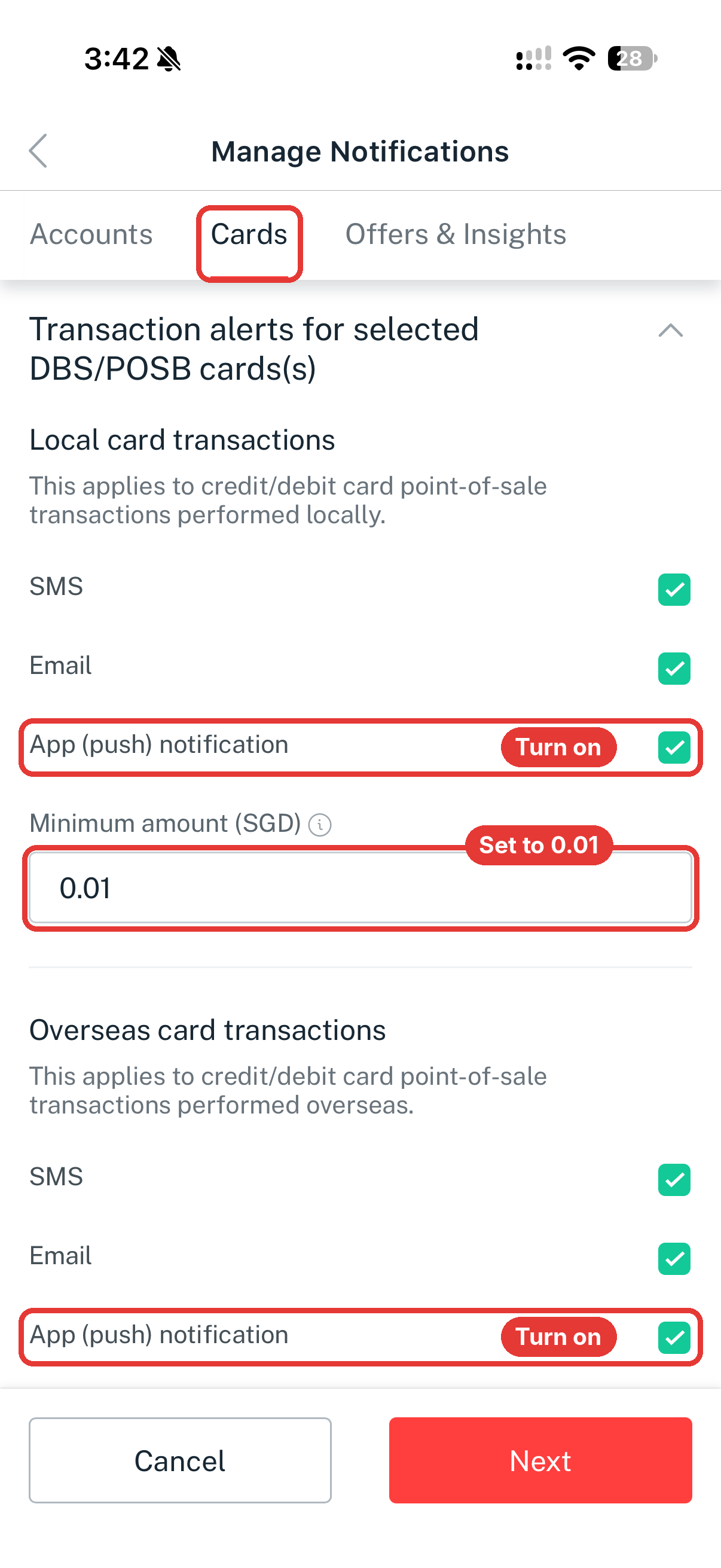 The Cards tab, with App (push) notification ticked and Minimum amount set to 0.01 for local and overseas card transactions.