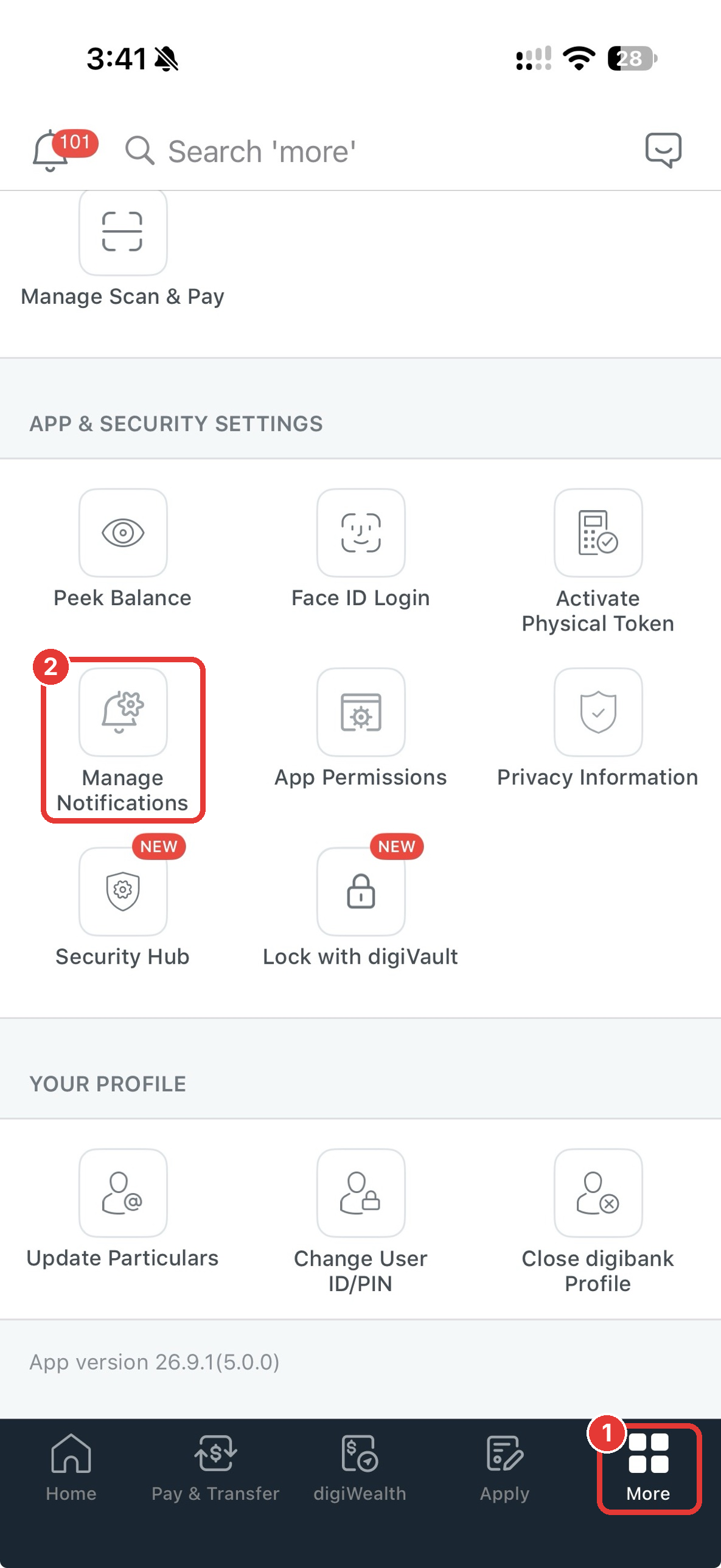The DBS digibank More tab, with More and Manage Notifications marked.