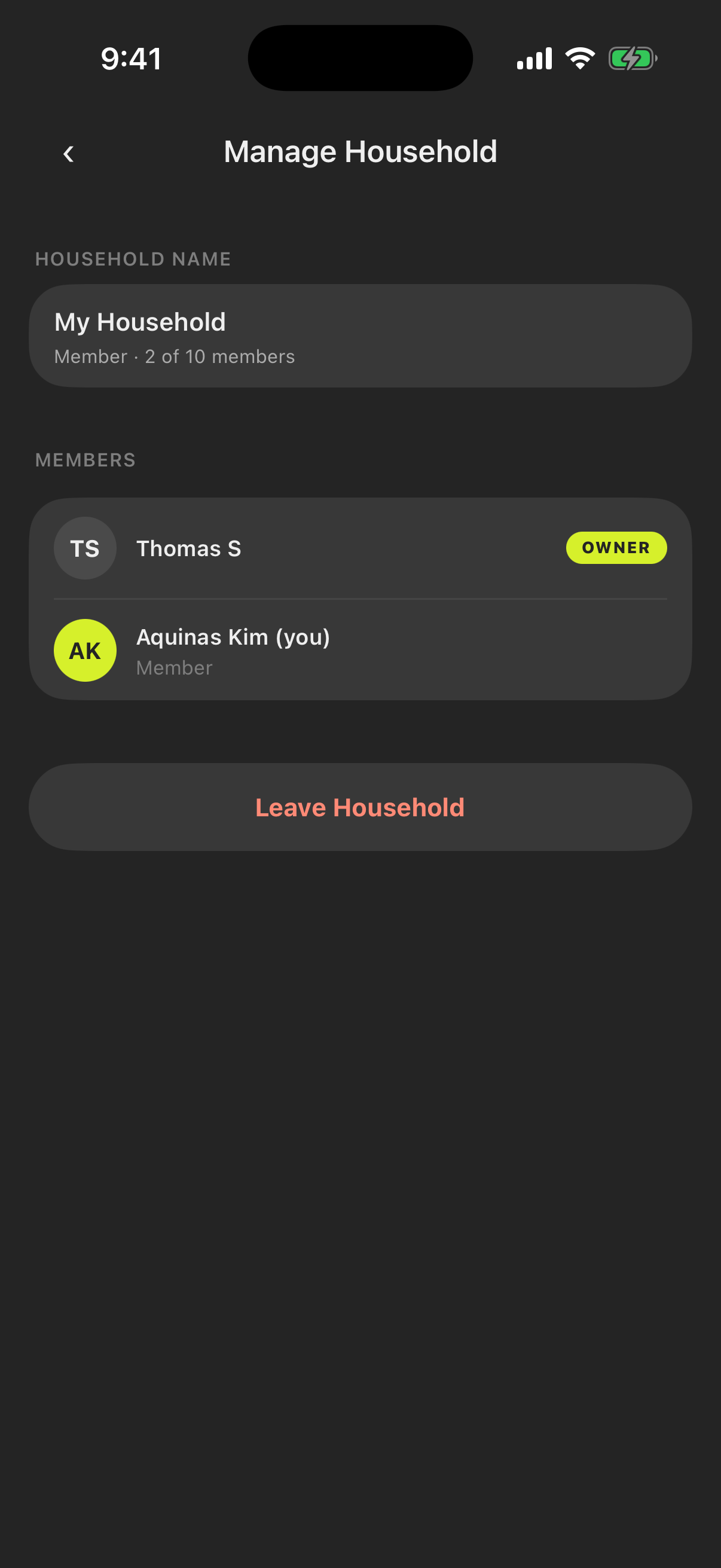 The Manage Household screen: a shared household with its members, owner, and member roles.