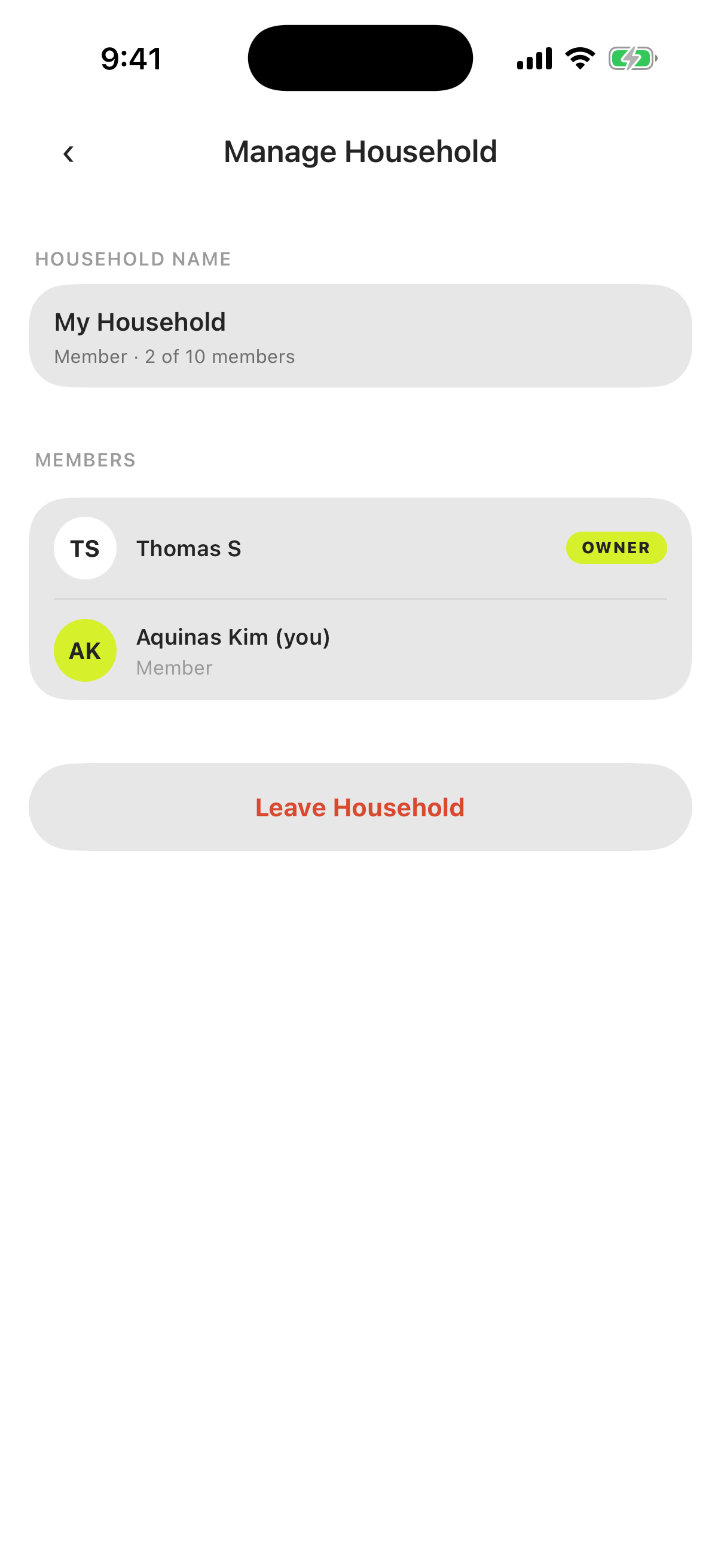 The Manage Household screen: a shared household with its members, owner, and member roles.