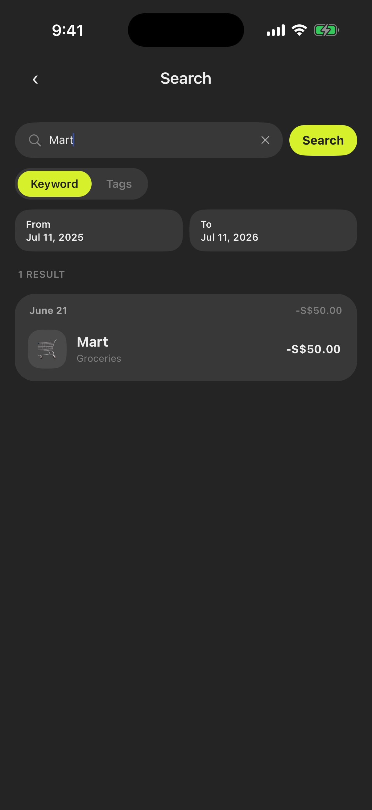 The search screen with a query entered and the matching transactions listed below.