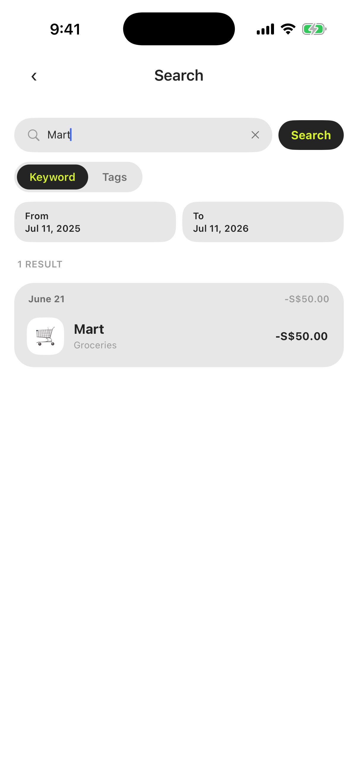 The search screen with a query entered and the matching transactions listed below.
