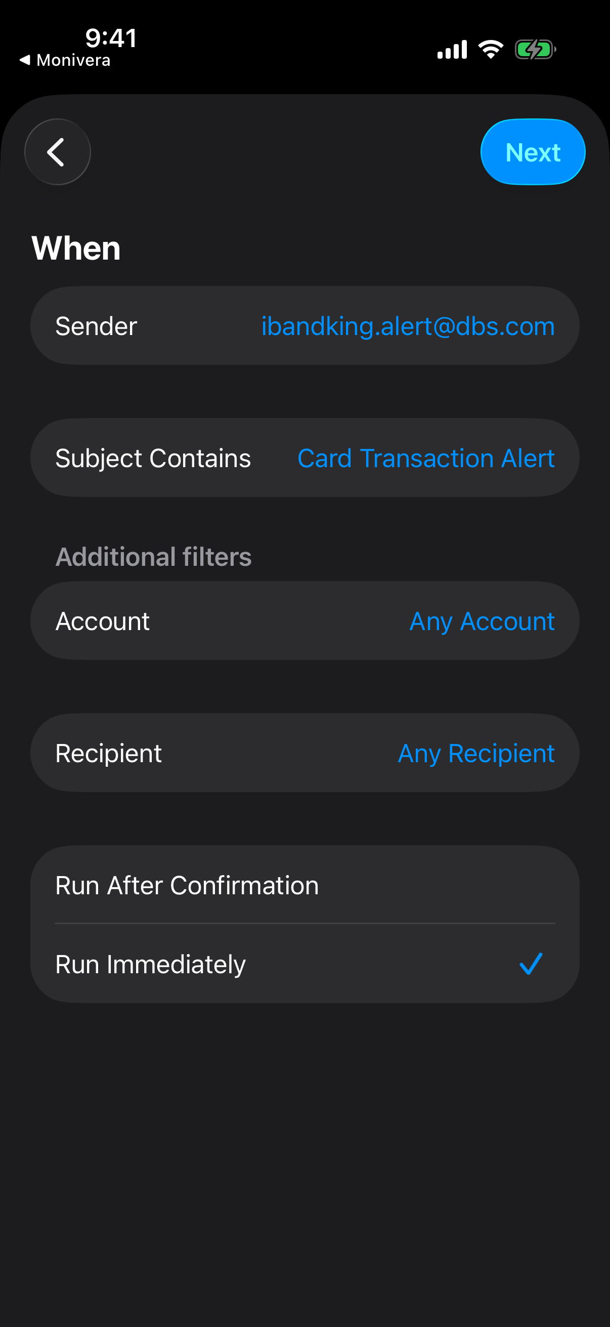 An iOS Shortcuts email automation that triggers on the bank's transaction alerts and logs them to Monivera automatically.