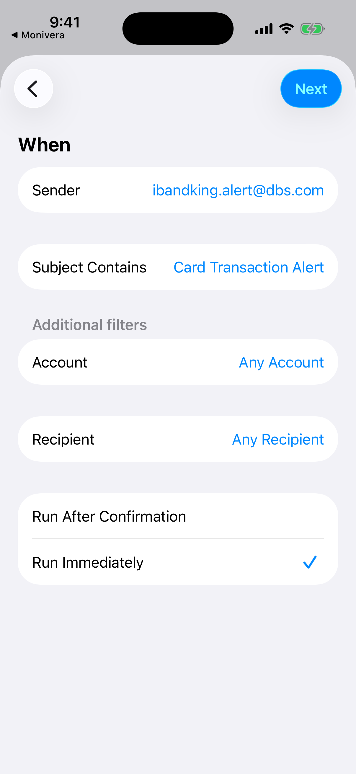 An iOS Shortcuts email automation that triggers on the bank's transaction alerts and logs them to Monivera automatically.