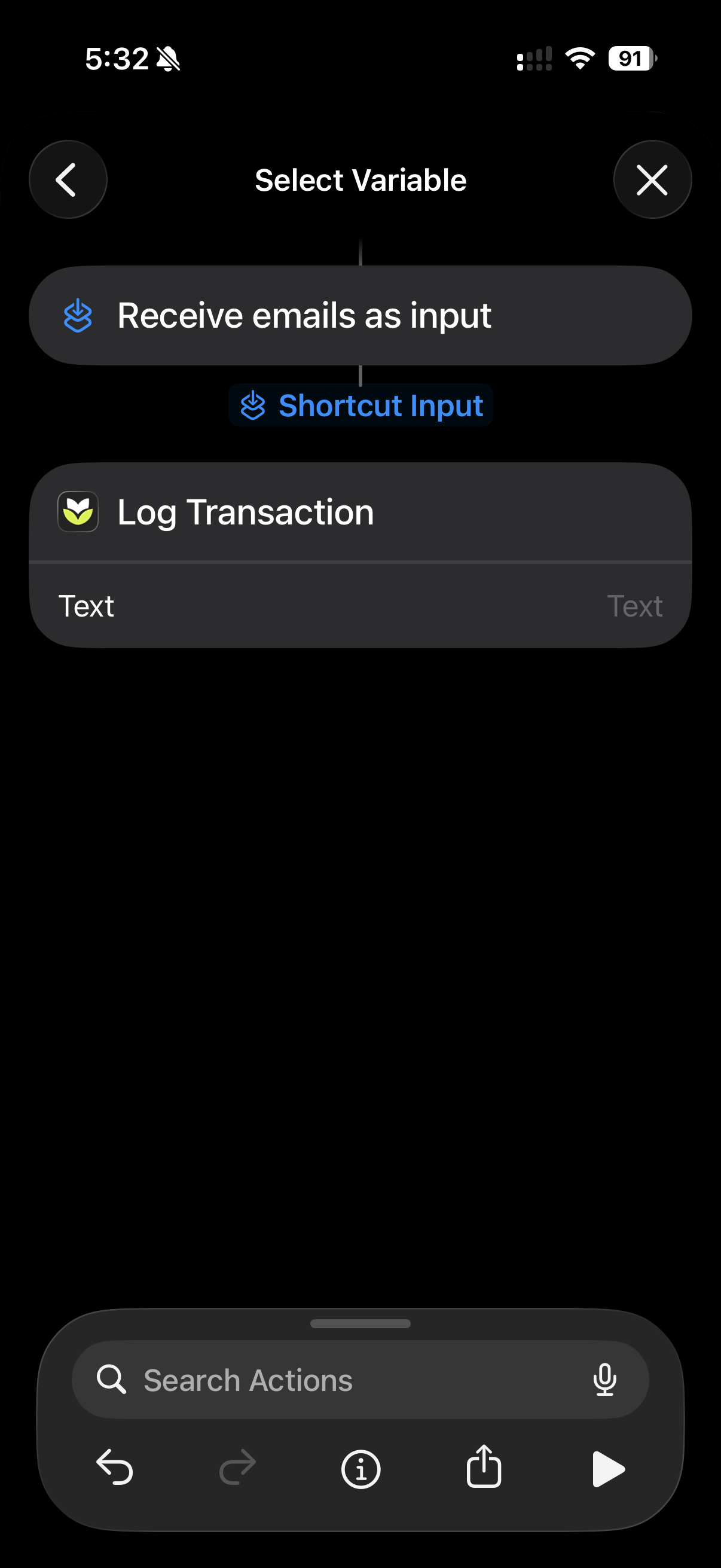 The Select Variable sheet showing Shortcut Input nested under Receive emails as input.