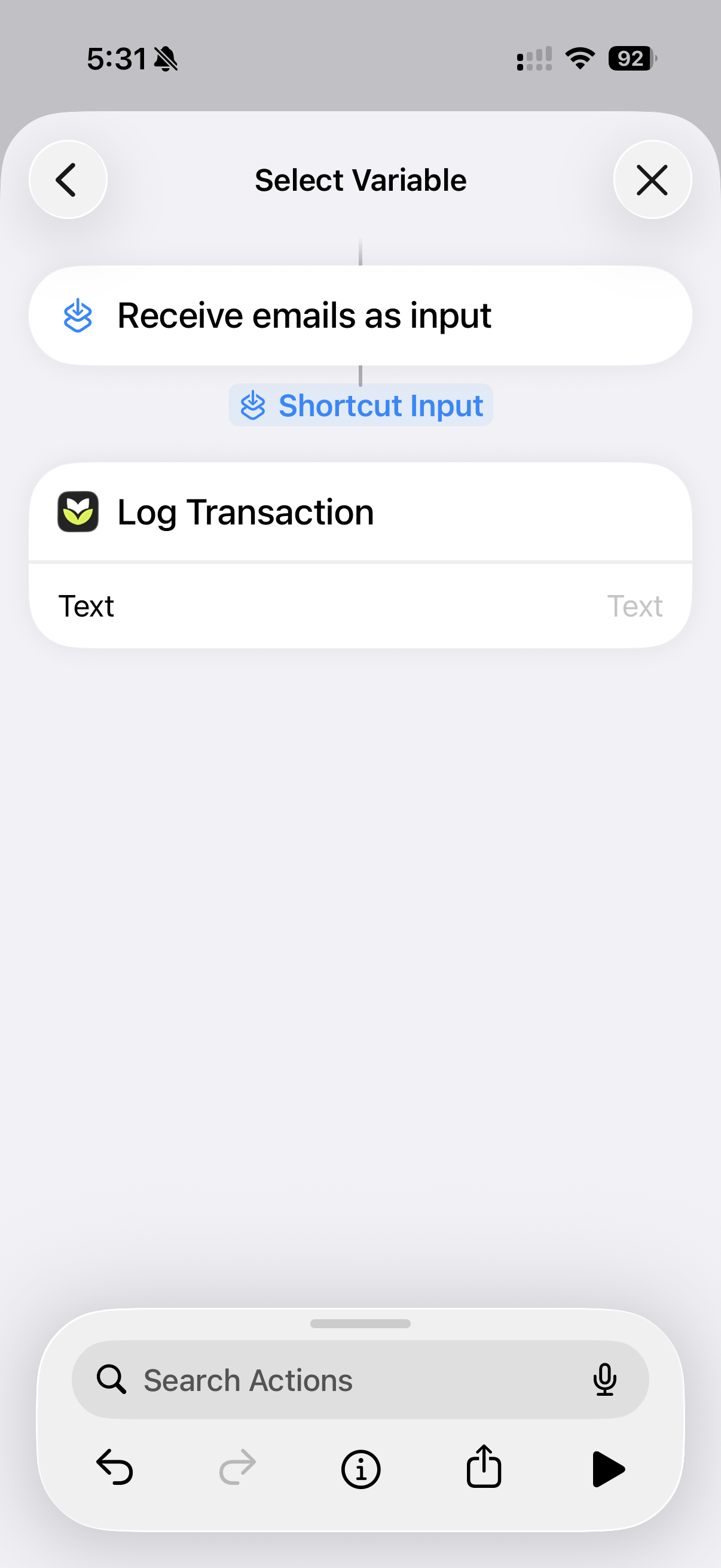 The Select Variable sheet showing Shortcut Input nested under Receive emails as input.